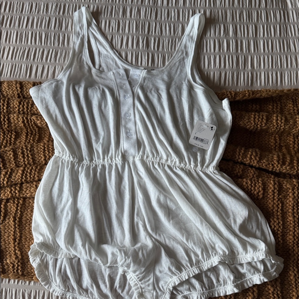 White Sleeveless Romper - with buttons and smocked shorts. Free People Intimates